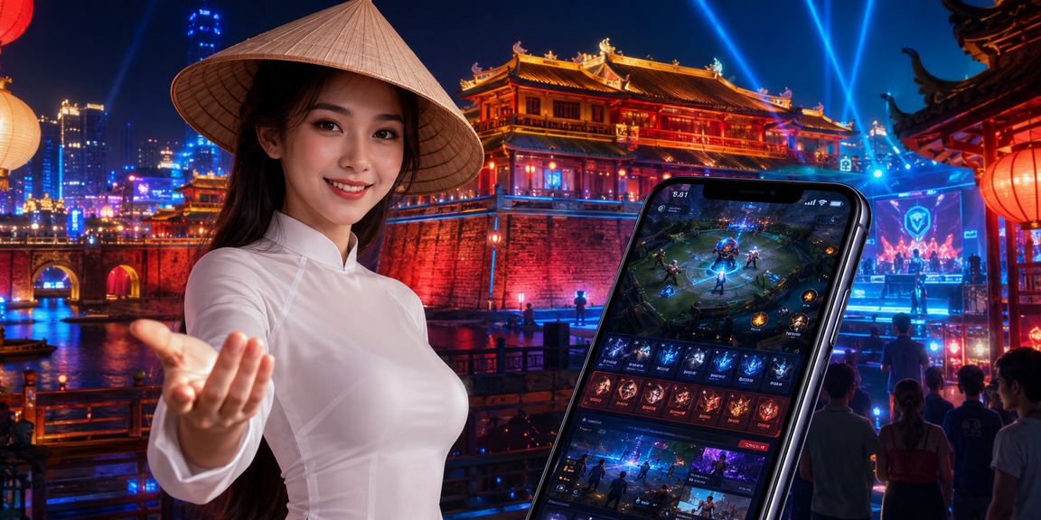 Không khí lễ hội esports cá cược tại Huế với màn hình lớn và khán giả sôi động